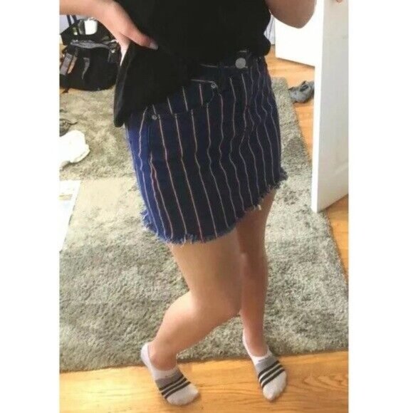 American Eagle Denim Skirt Blue Red Stripe Mini Super Stretch High Rise - Picture 2 of 9